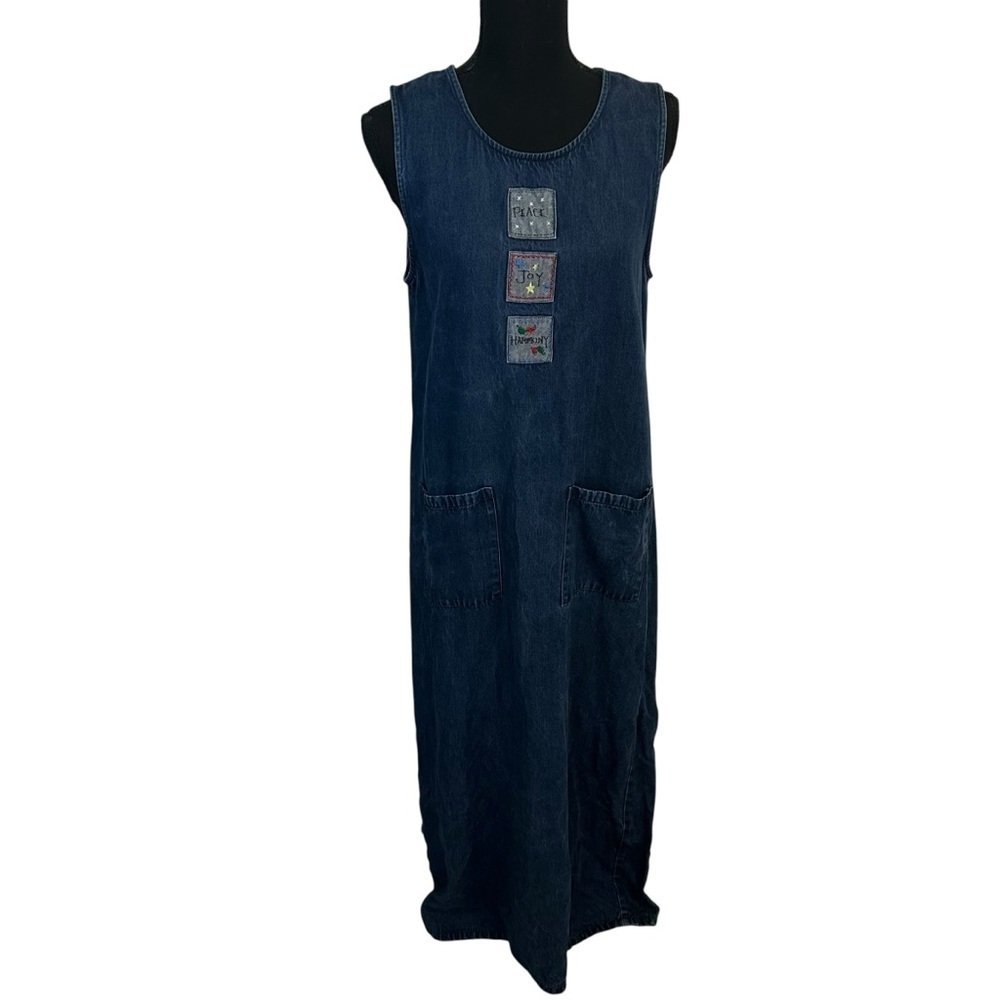Vintage Denim Maxi Dress Sleeveless Jean Embroidered Patchwork Casual Size Small